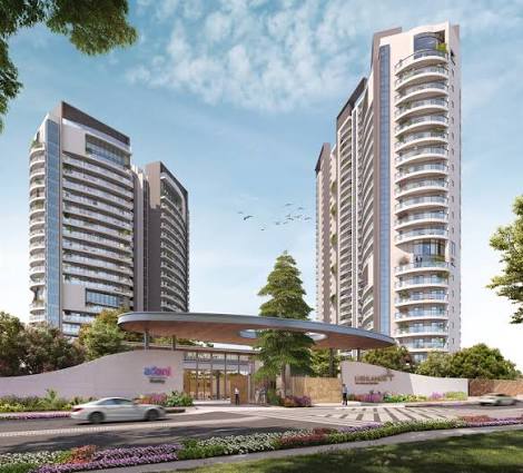 Luxury high-rise residential apartments with landscaped entrance and modern architecture